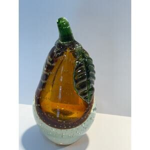 Vintage Pear Glass MCM Amber Handblown Sculpture Heavy  Paperweight